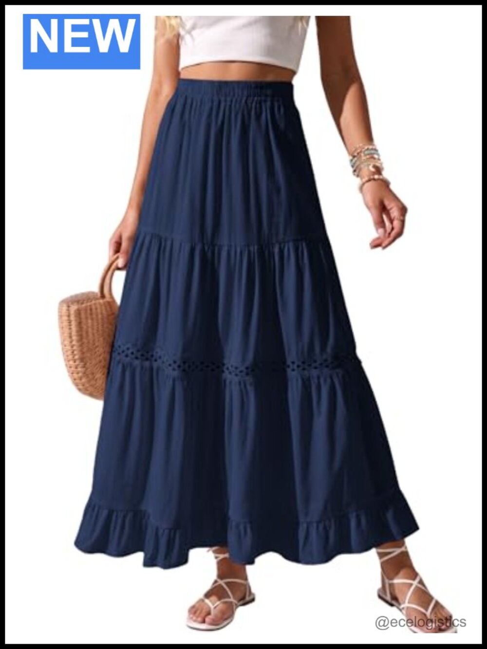 Boho Cotton Maxi Skirt High Waisted Tiered Ruffled Beach